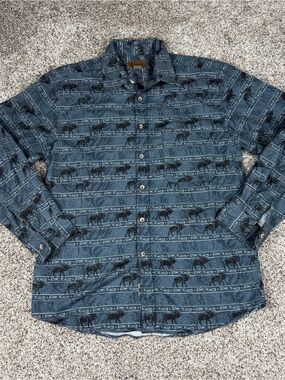 Sz Medium Men's Marino Bay Blue Printed Long-Sleeve Button-Down Shirt Moose AOP